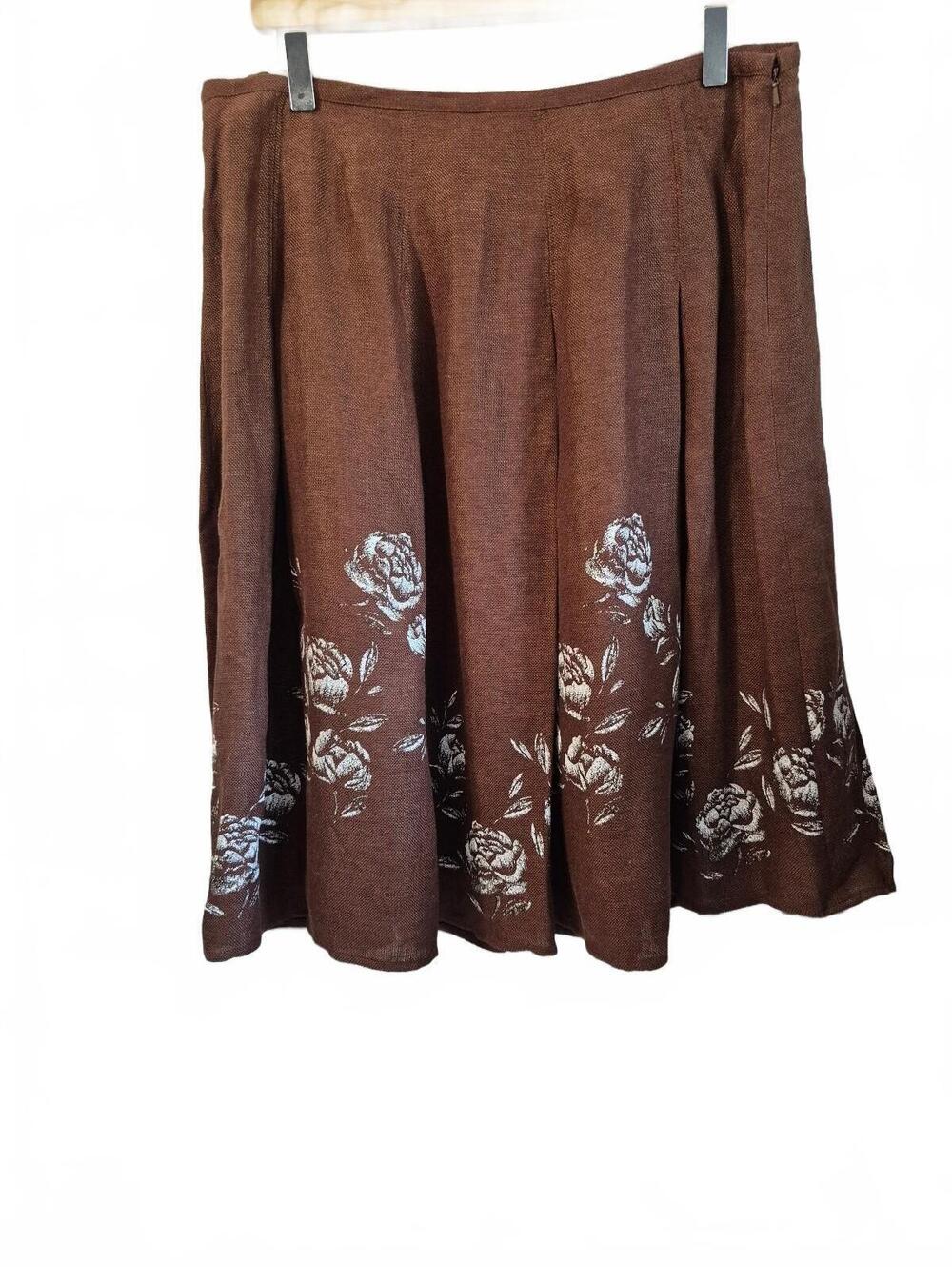 Jones New York Collection Women’s Brown Floral Linen Blend Pleated A-Line Skirt